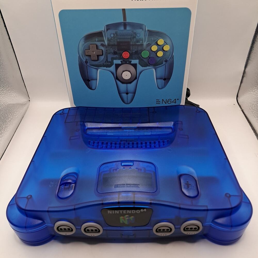Nintendo 64 N64 Console Bundle Refurbished Transparent Blue Shell - Very Good